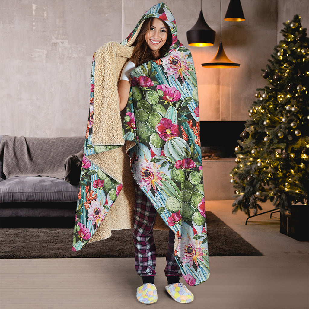 Vintage Cactus And Flower Print Hooded Blanket