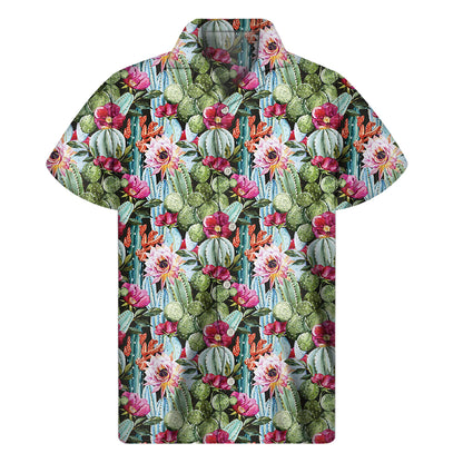 Vintage Cactus And Flower Print Men's Short Sleeve Shirt