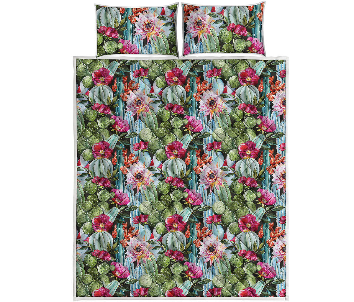 Vintage Cactus And Flower Print Quilt Bed Set