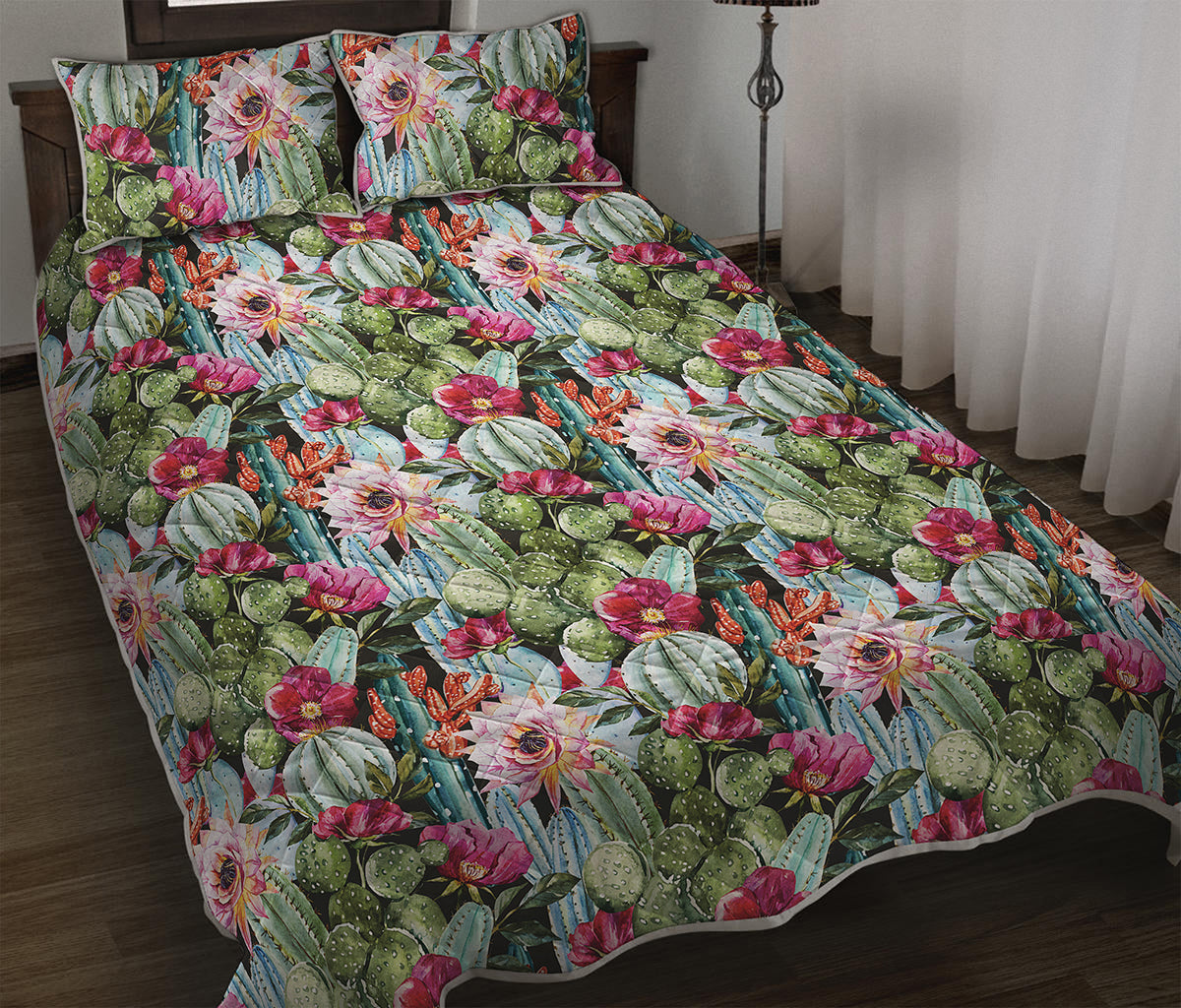 Vintage Cactus And Flower Print Quilt Bed Set