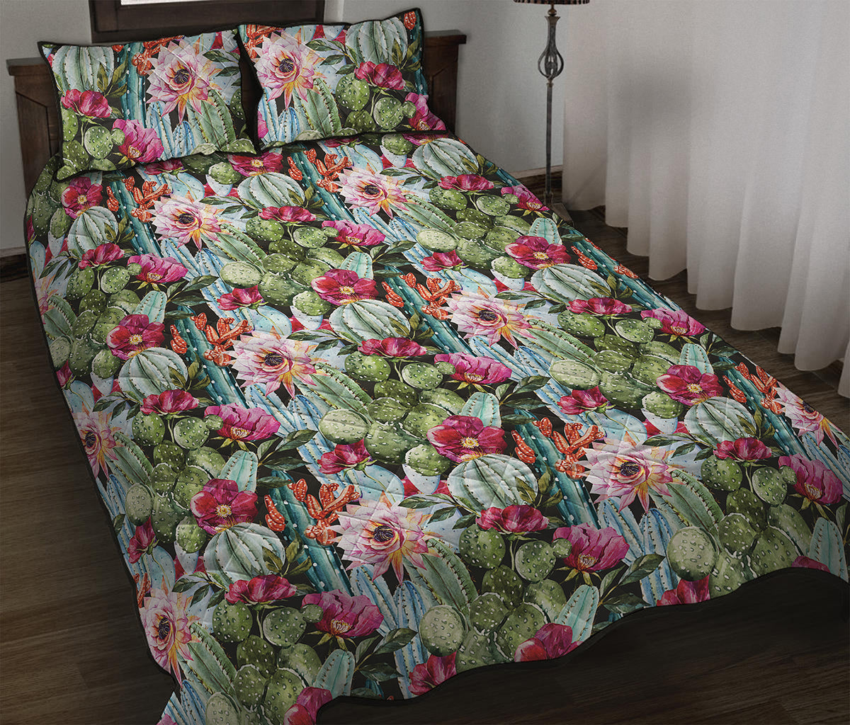Vintage Cactus And Flower Print Quilt Bed Set
