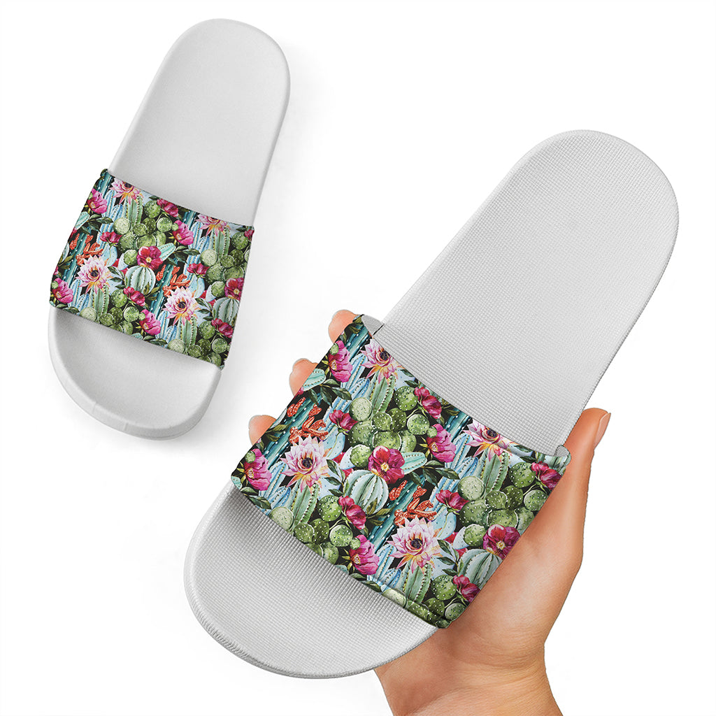 Vintage Cactus And Flower Print White Slide Sandals