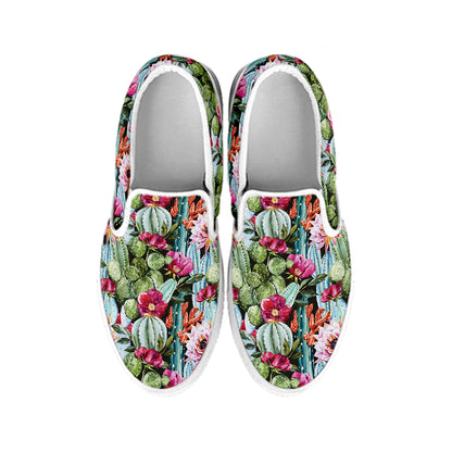 Vintage Cactus And Flower Print White Slip On Shoes