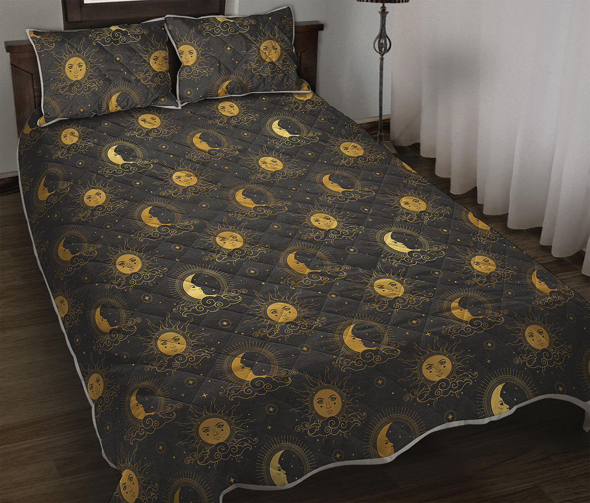 Vintage Celestial Pattern Print Quilt Bed Set