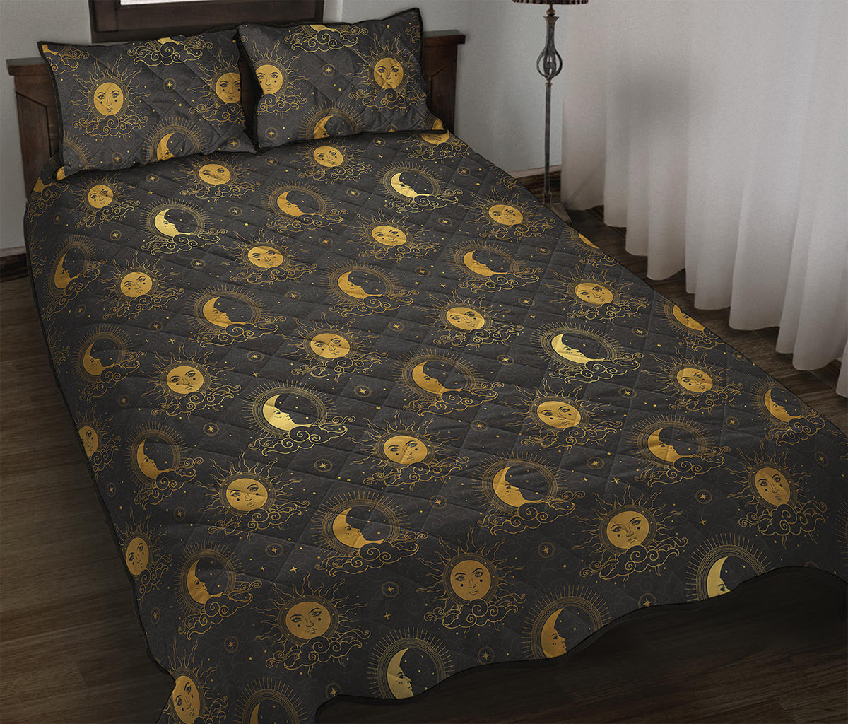 Vintage Celestial Pattern Print Quilt Bed Set
