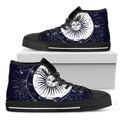 Vintage Celestial Sun Print Black High Top Shoes