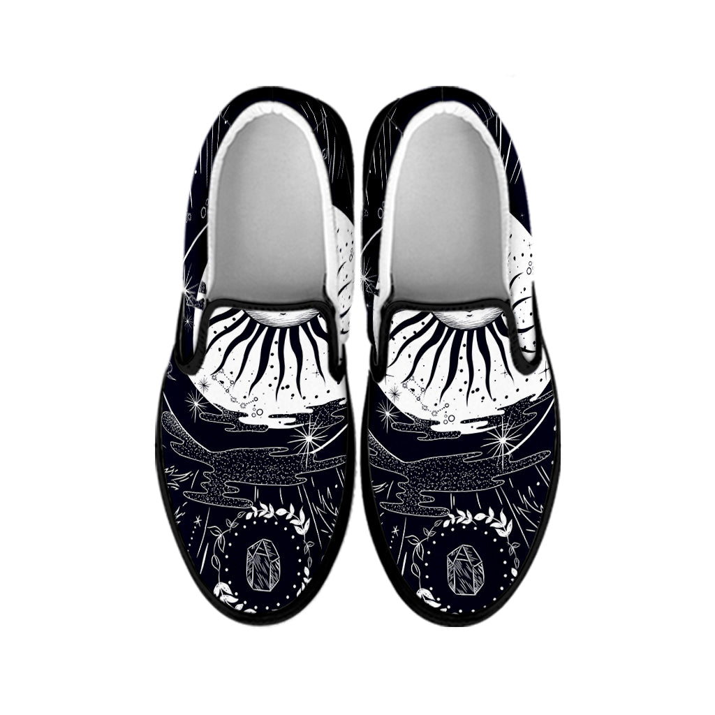 Vintage Celestial Sun Print Black Slip On Shoes