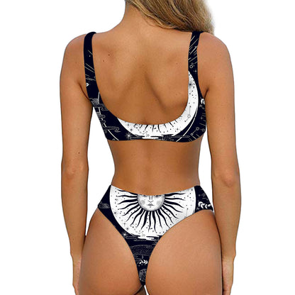 Vintage Celestial Sun Print Front Bow Tie Bikini