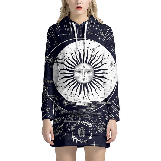 Vintage Celestial Sun Print Pullover Hoodie Dress