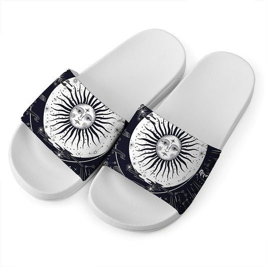Vintage Celestial Sun Print White Slide Sandals