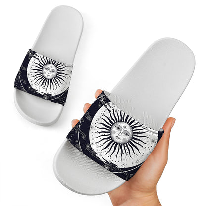 Vintage Celestial Sun Print White Slide Sandals