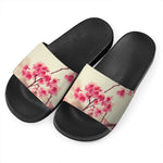Vintage Cherry Blossom Print Black Slide Sandals