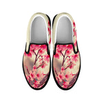 Vintage Cherry Blossom Print Black Slip On Shoes