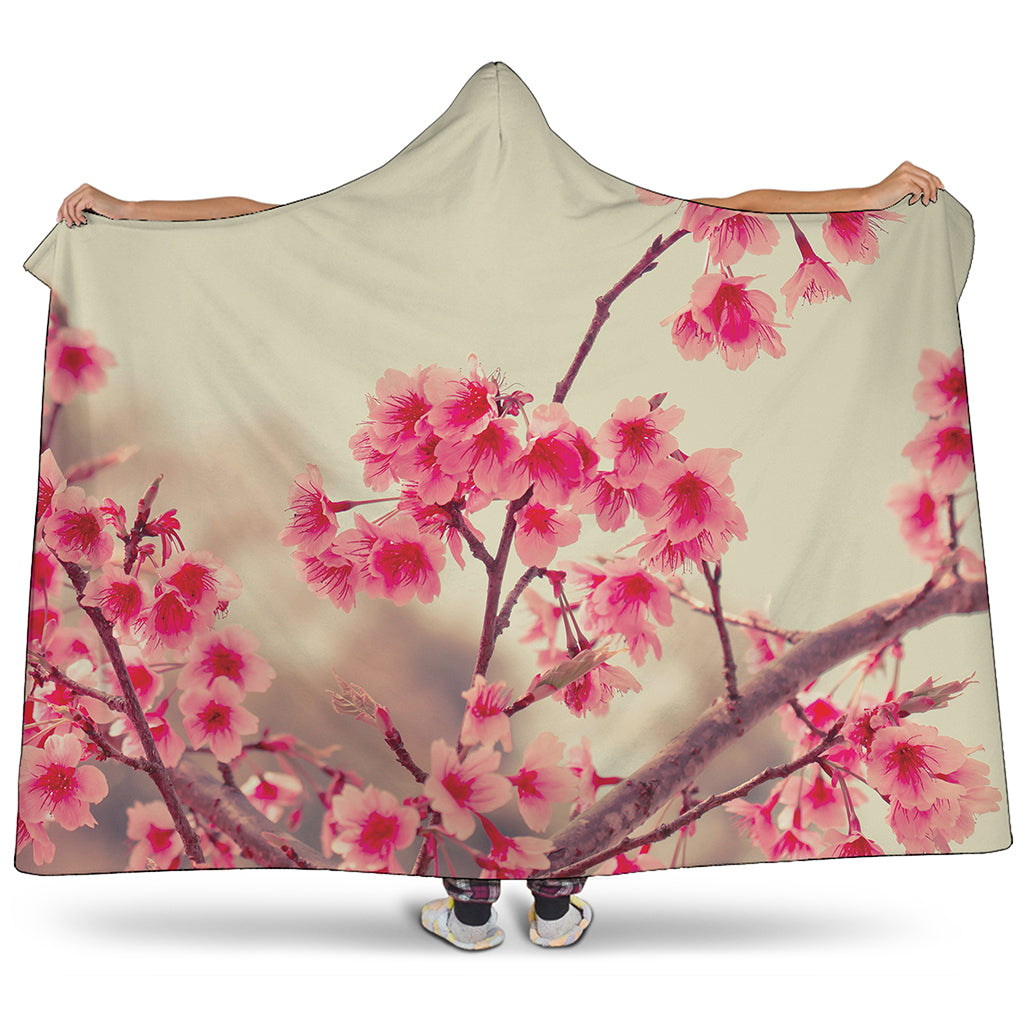 Vintage Cherry Blossom Print Hooded Blanket