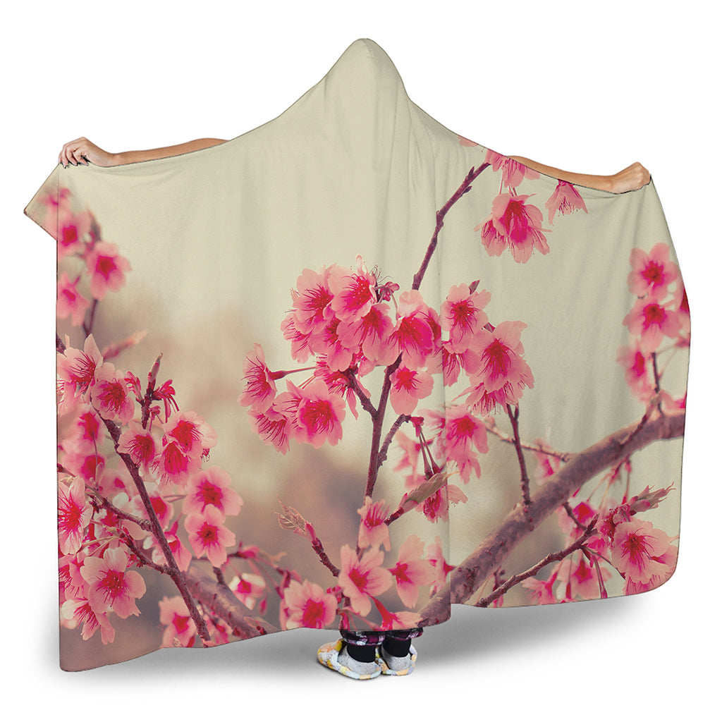 Vintage Cherry Blossom Print Hooded Blanket