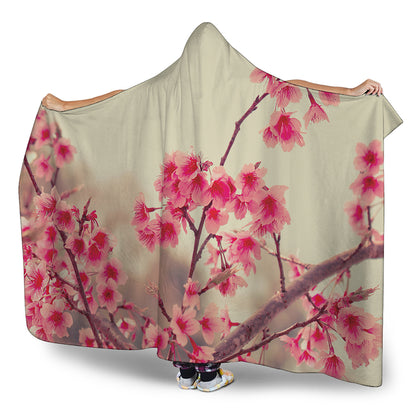 Vintage Cherry Blossom Print Hooded Blanket