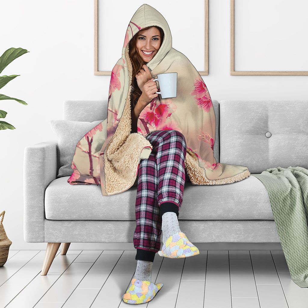 Vintage Cherry Blossom Print Hooded Blanket