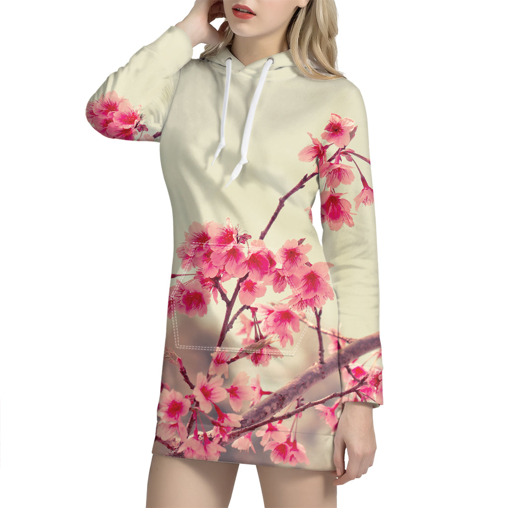 Vintage Cherry Blossom Print Hoodie Dress