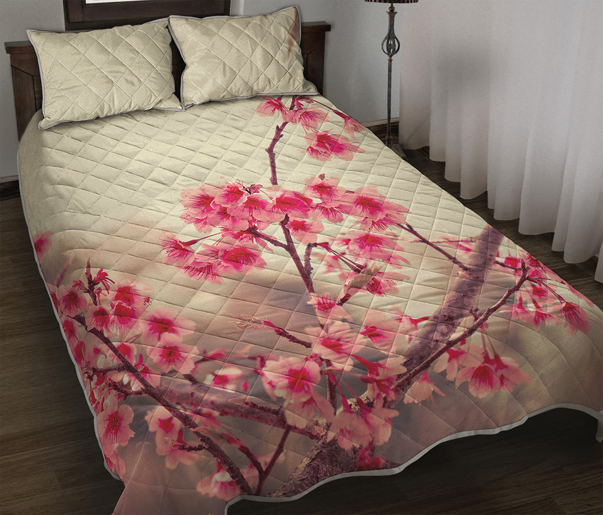 Vintage Cherry Blossom Print Quilt Bed Set