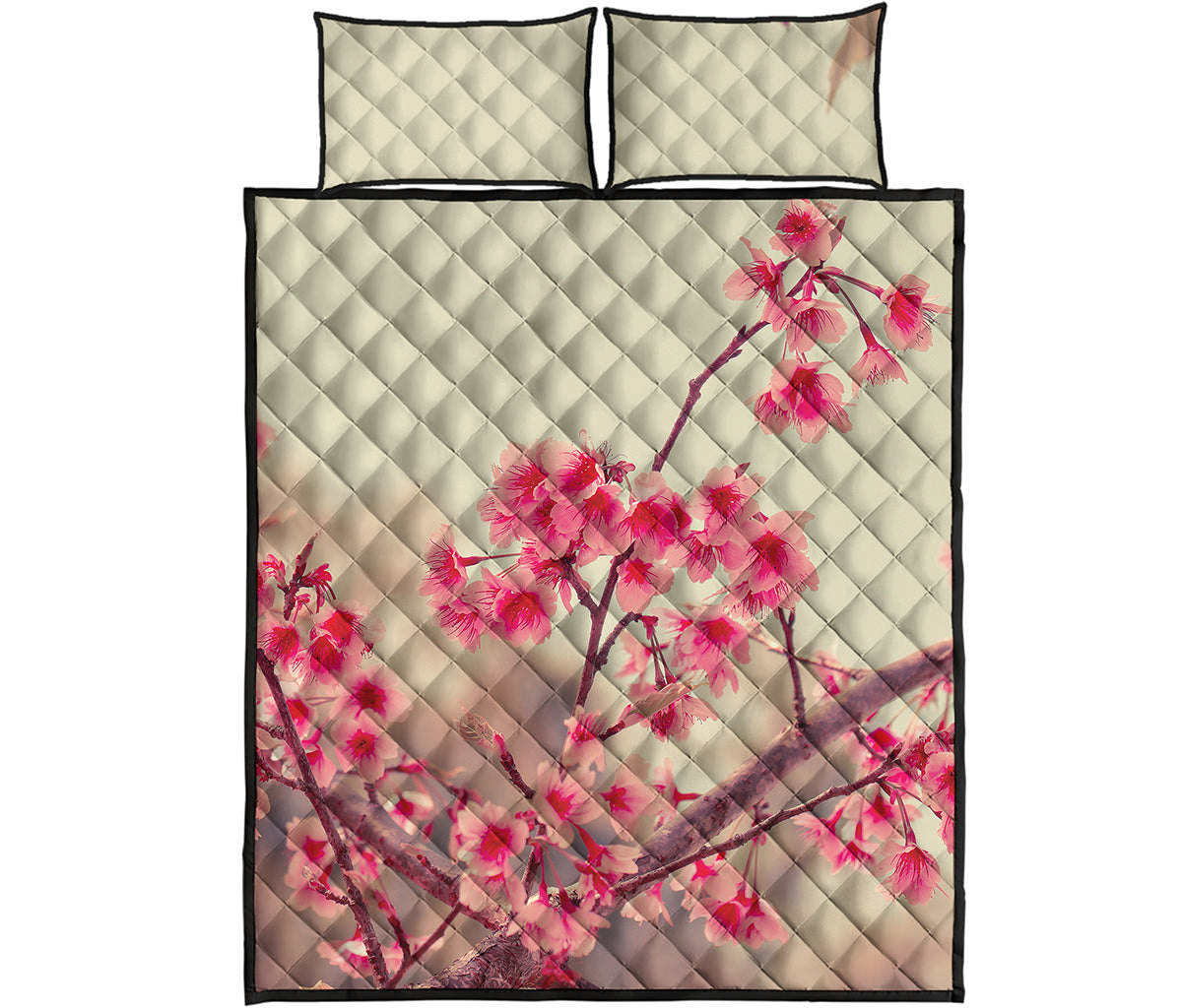Vintage Cherry Blossom Print Quilt Bed Set