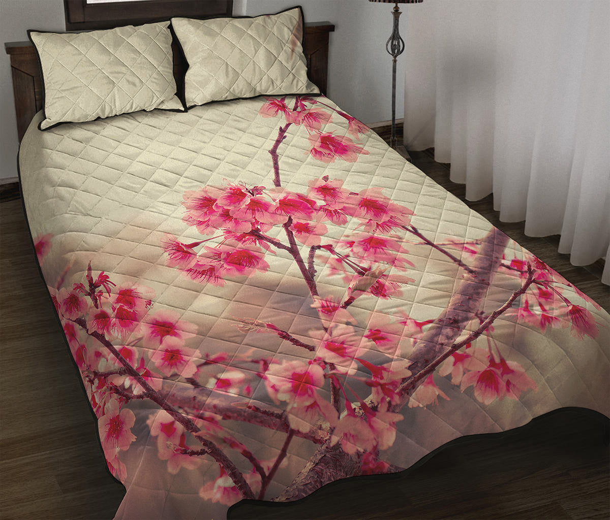Vintage Cherry Blossom Print Quilt Bed Set