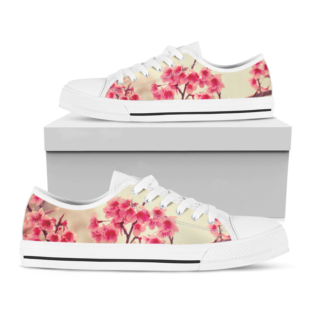 Vintage Cherry Blossom Print White Low Top Shoes