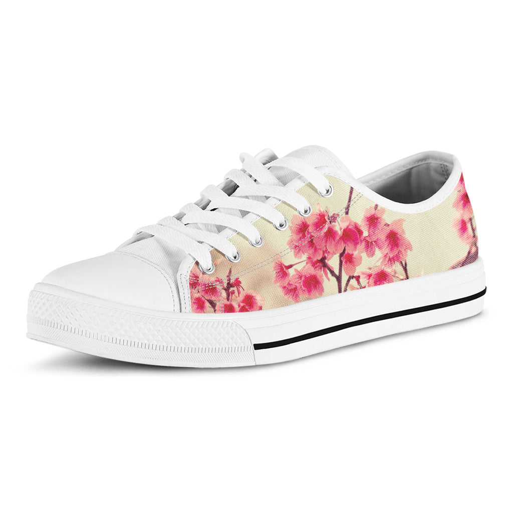 Vintage Cherry Blossom Print White Low Top Shoes