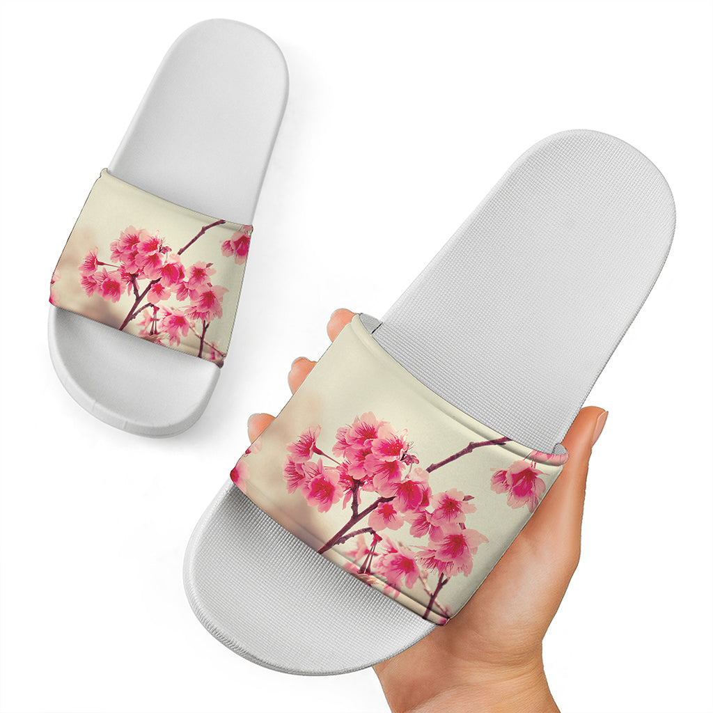 Vintage Cherry Blossom Print White Slide Sandals