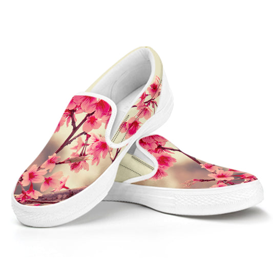 Vintage Cherry Blossom Print White Slip On Shoes