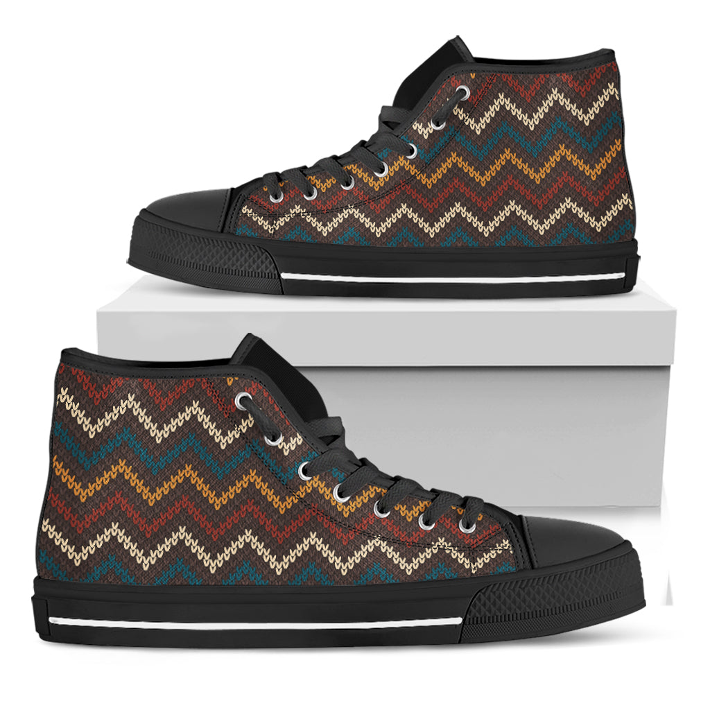 Vintage Chevron Knitted Pattern Print Black High Top Shoes