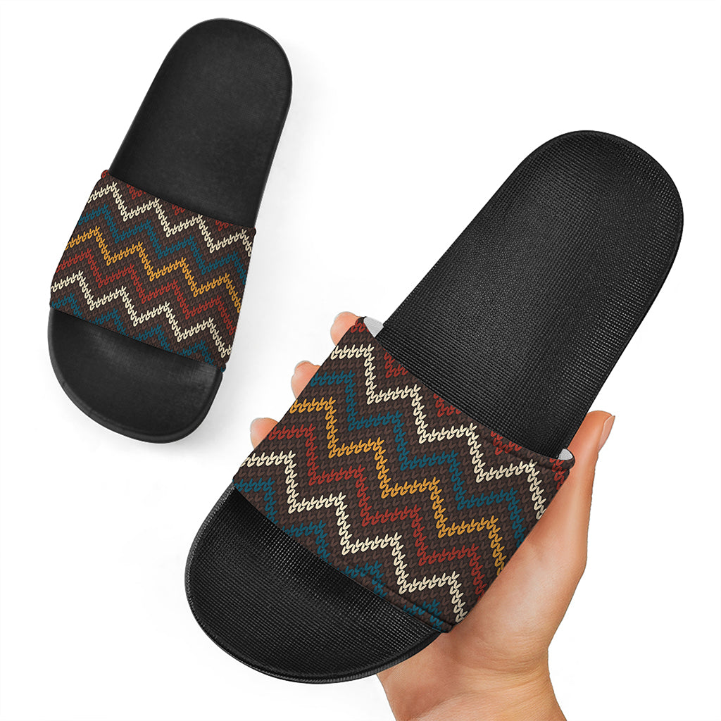 Vintage Chevron Knitted Pattern Print Black Slide Sandals