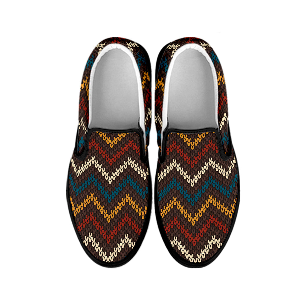 Vintage Chevron Knitted Pattern Print Black Slip On Shoes
