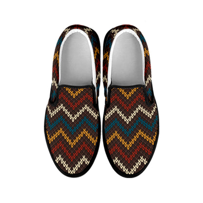Vintage Chevron Knitted Pattern Print Black Slip On Shoes