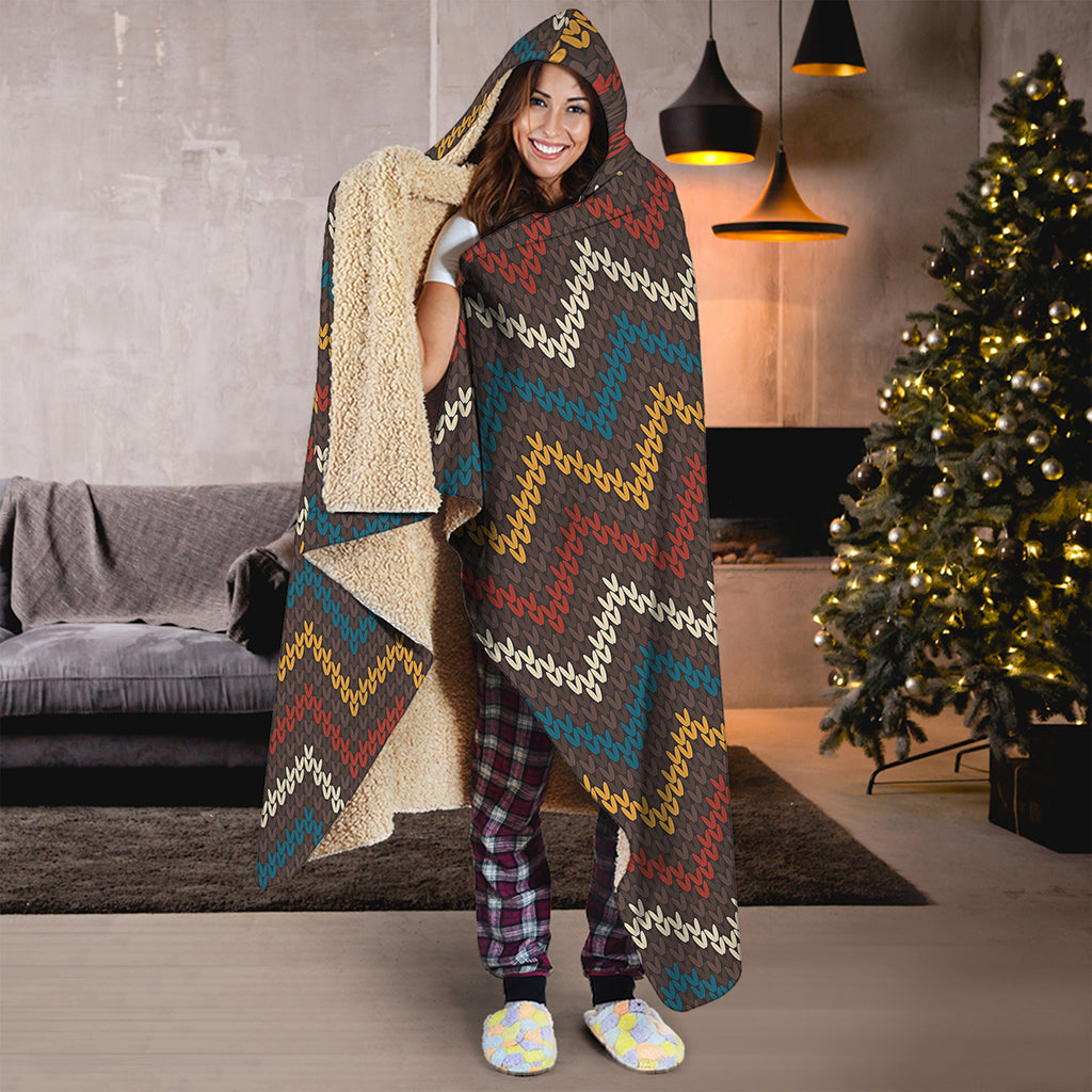 Vintage Chevron Knitted Pattern Print Hooded Blanket