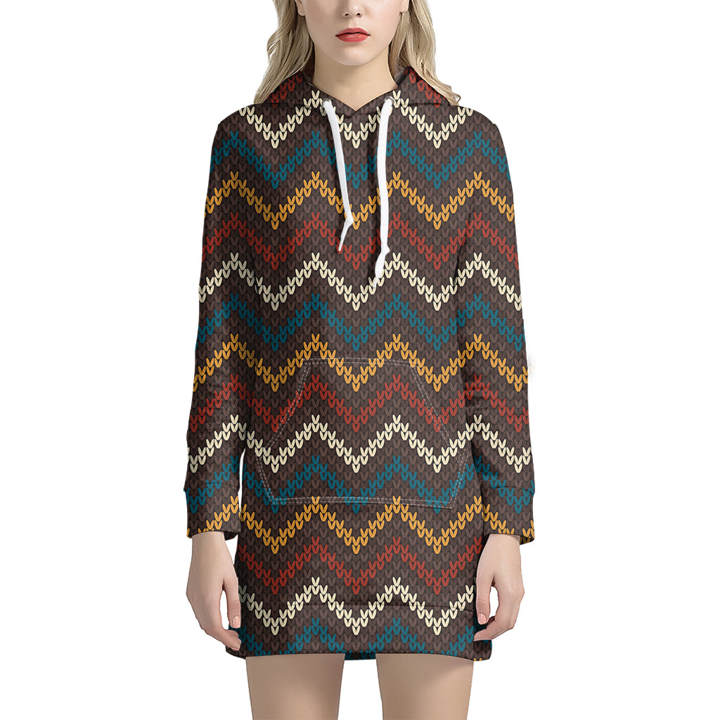 Vintage Chevron Knitted Pattern Print Hoodie Dress