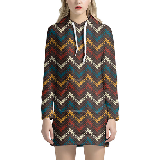Vintage Chevron Knitted Pattern Print Hoodie Dress