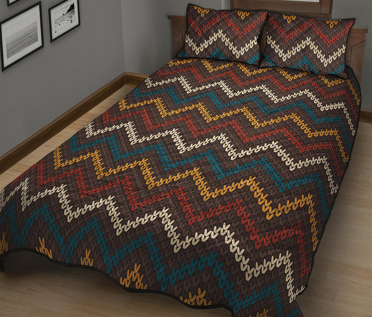 Vintage Chevron Knitted Pattern Print Quilt Bed Set