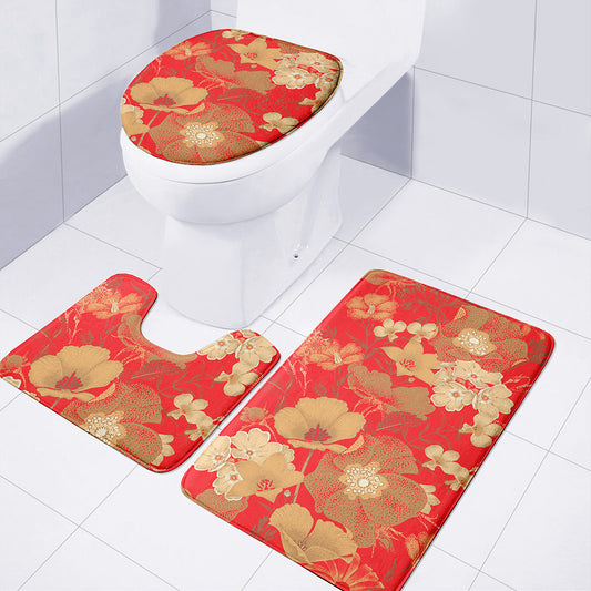 Vintage Chinese Flower Print 3 Piece Bath Mat Set
