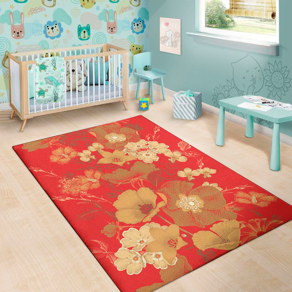 Vintage Chinese Flower Print Area Rug