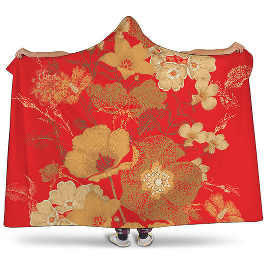 Vintage Chinese Flower Print Hooded Blanket