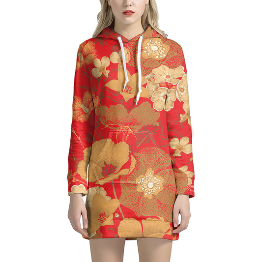 Vintage Chinese Flower Print Hoodie Dress