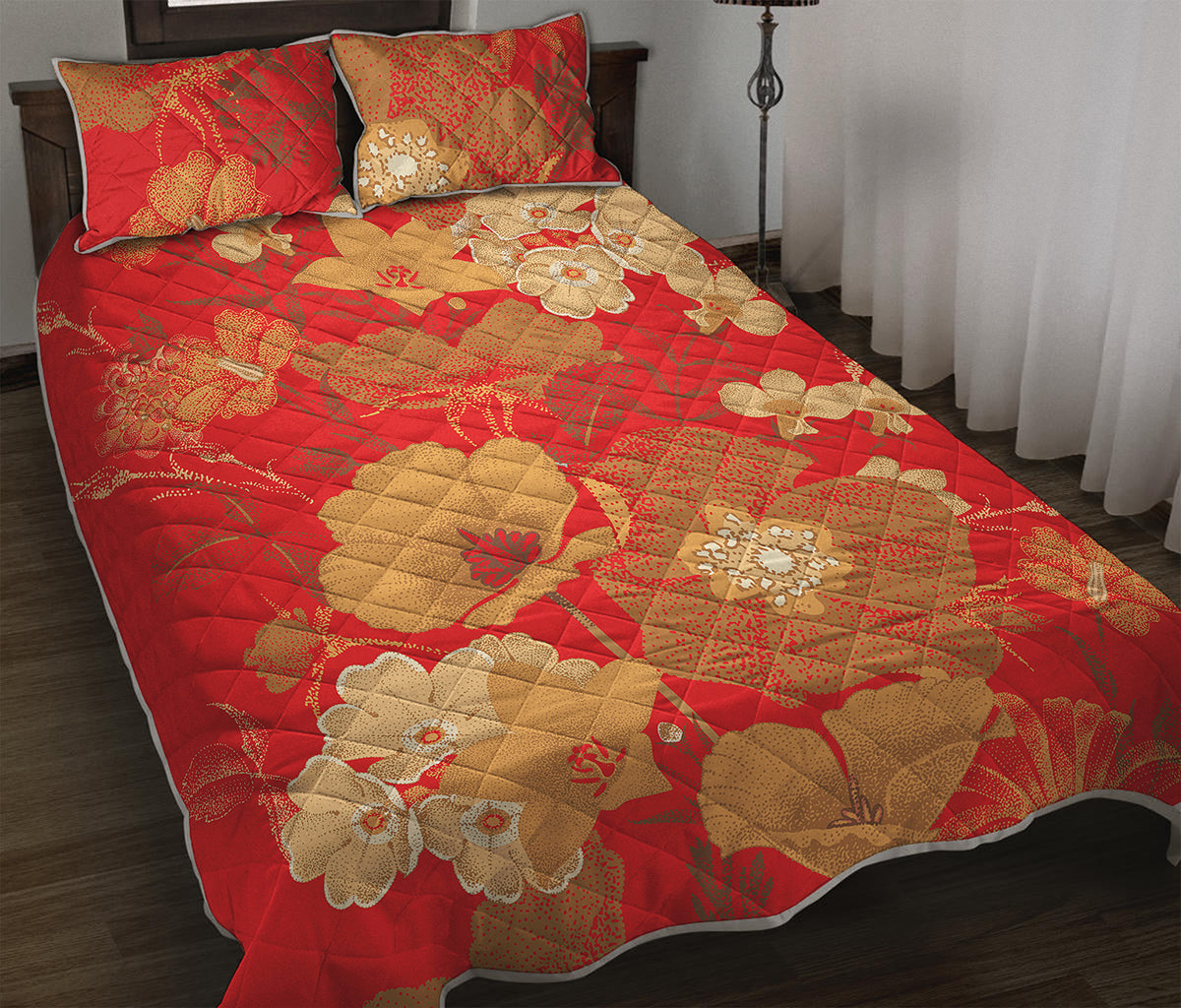 Vintage Chinese Flower Print Quilt Bed Set