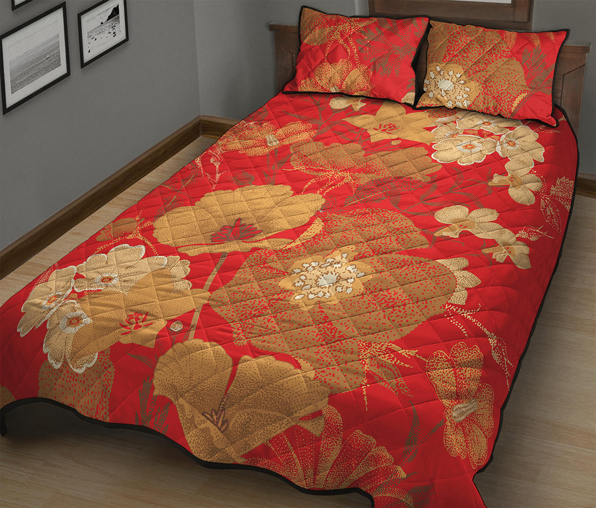 Vintage Chinese Flower Print Quilt Bed Set