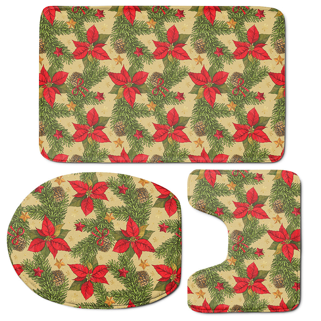 Vintage Christmas Poinsettia Print 3 Piece Bath Mat Set