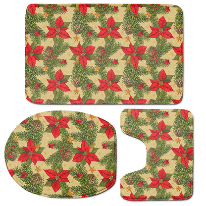 Vintage Christmas Poinsettia Print 3 Piece Bath Mat Set