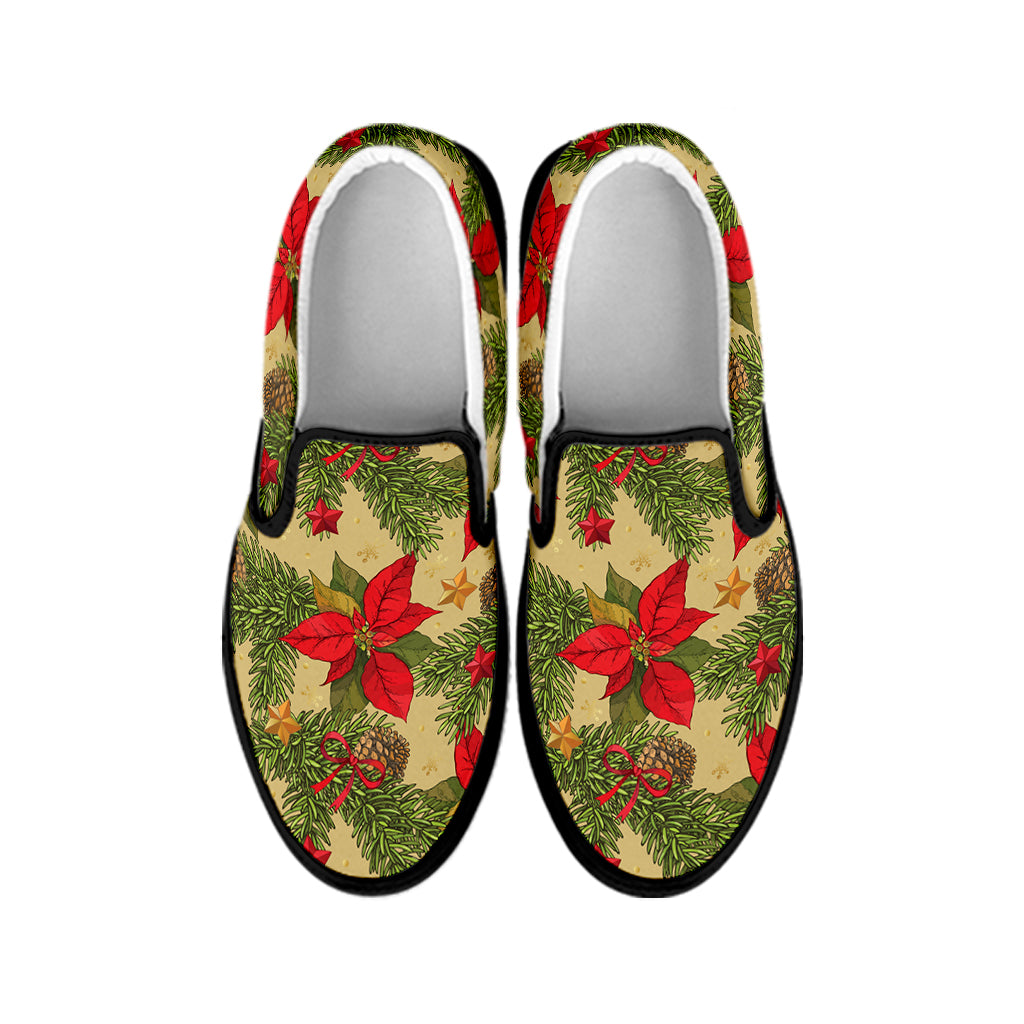 Vintage Christmas Poinsettia Print Black Slip On Shoes