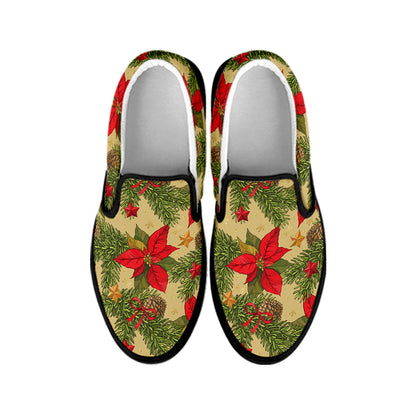 Vintage Christmas Poinsettia Print Black Slip On Shoes