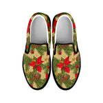 Vintage Christmas Poinsettia Print Black Slip On Shoes