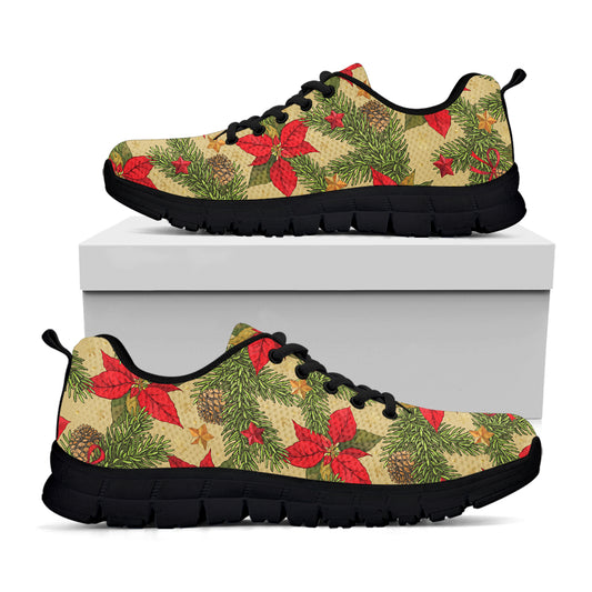 Vintage Christmas Poinsettia Print Black Sneakers