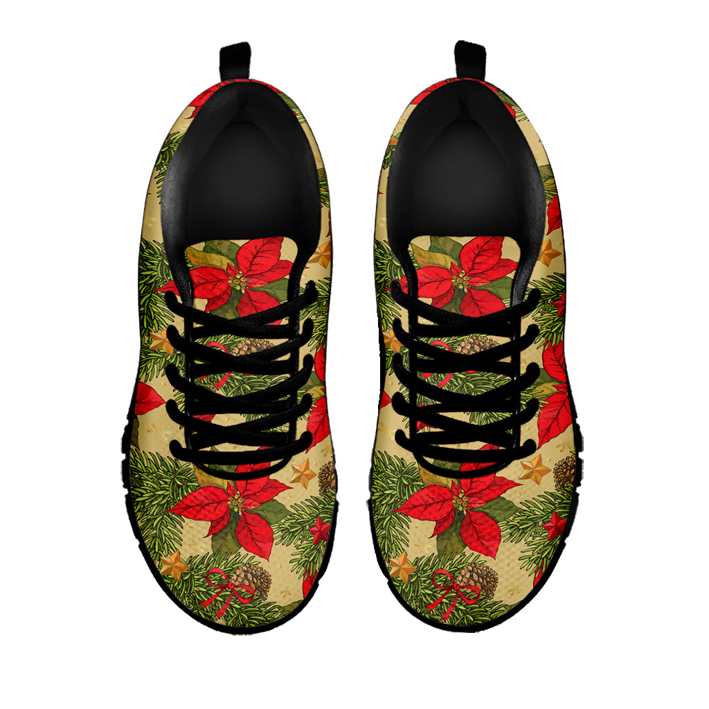 Vintage Christmas Poinsettia Print Black Sneakers